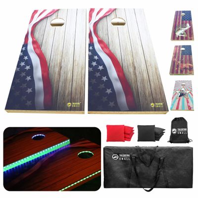 Tailgating Gmall LED Cornhole Board Set 4FTx2FT Solid Wood Regulation Size Cornhole Set with LED Lights Includes 8 Cornhole Bags for Adults (USA Flag, 4'x2')
