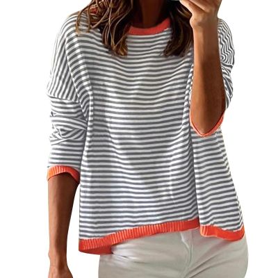 GOKKILRW Women's Knitted Sweater 2024 Fall Striped Contrast Color Long Sleeve Pullover Tops Loose Crewneck Casual Sweatshirts Grey
