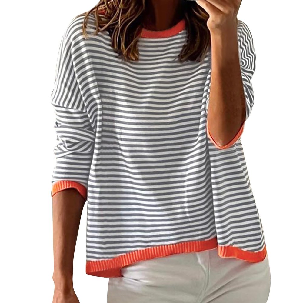 GOKKILRW Women's Knitted Sweater 2024 Fall Striped Contrast Color Long Sleeve Pullover Tops Loose Crewneck Casual Sweatshirts Grey