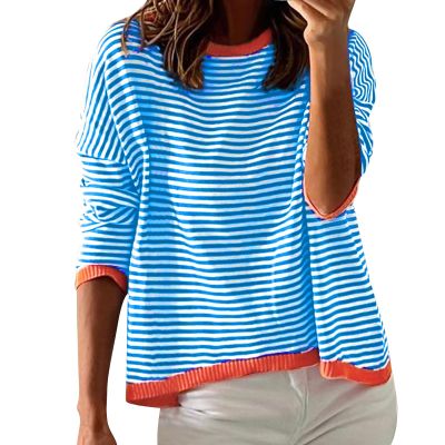GOKKILRW Women's Knitted Sweater 2024 Fall Striped Contrast Color Long Sleeve Pullover Tops Loose Crewneck Casual Sweatshirts