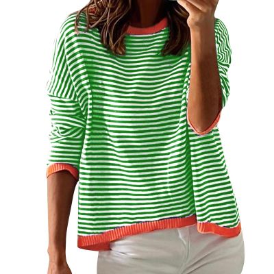 GOKKILRW Womens Sweatshirts Fall Tops for Women Classic Striped Shirts Knitted Soft Comfy Sweater Pullover Tops Long Sleeve Round Neck Loose Fitting Casual Track Shirts Going Out Dressy Blosues Green