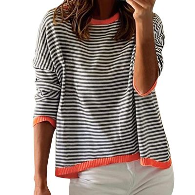 GOKKILRW Womens Sweatshirts Fall Tops for Women Classic Striped Shirts Knitted Soft Comfy Sweater Pullover Tops Long Sleeve Round Neck Loose Fitting Casual Track Shirts Going Out Dressy Blosues White