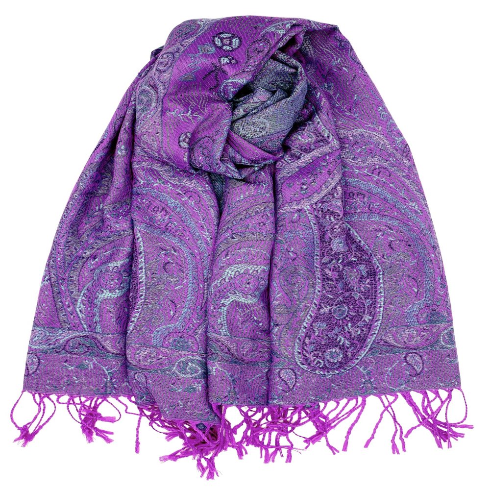 Achillea Soft Silky Reversible Paisley Pashmina Shawl Wrap Scarf w/Fringes (Tapestry Purple)