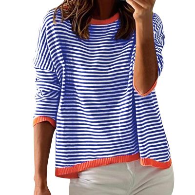 GOKKILRW Womens Sweatshirts Fall Tops for Women Classic Striped Shirts Knitted Soft Comfy Sweater Pullover Tops Long Sleeve Round Neck Loose Fitting Casual Track Shirts Going Out Dressy Blosues