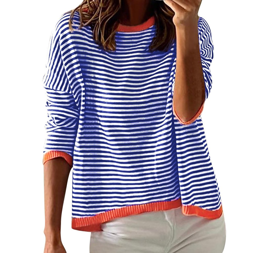 GOKKILRW Womens Sweatshirts Fall Tops for Women Classic Striped Shirts Knitted Soft Comfy Sweater Pullover Tops Long Sleeve Round Neck Loose Fitting Casual Track Shirts Going Out Dressy Blosues
