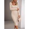 Women's 2024 Square Neck Ribbed Knit Dress Long Sleeve Slim Fit Bodycon Dress Fall Winter Pullover Sweater Dress (Small,Apricot) view 2
