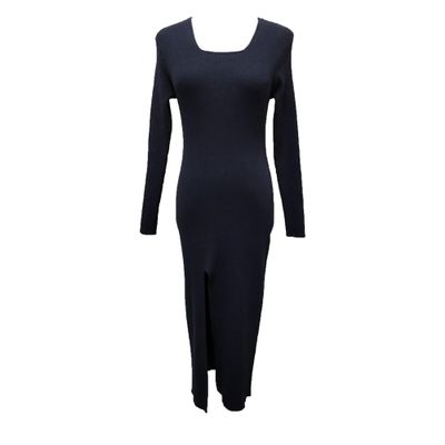 Women's Dress 2024 Fall Long Sleeve Square Neck Fitted Knit Ribbed Sweaters Midi Party Club Slit Bodycon Dresses (Medium,Black)