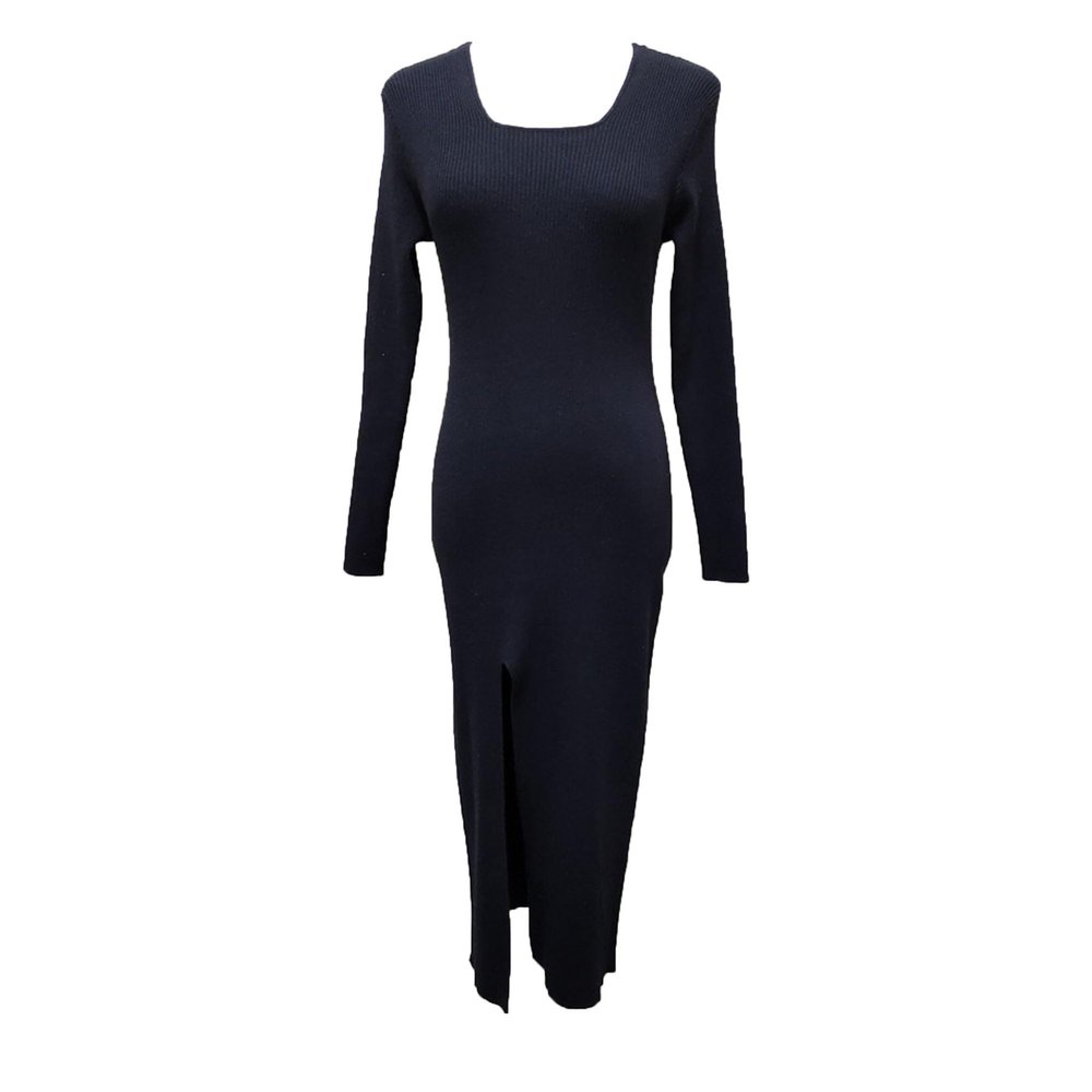 Women's Dress 2024 Fall Long Sleeve Square Neck Fitted Knit Ribbed Sweaters Midi Party Club Slit Bodycon Dresses (Medium,Black)
