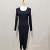 Women's Dress 2024 Fall Long Sleeve Square Neck Fitted Knit Ribbed Sweaters Midi Party Club Slit Bodycon Dresses (Medium,Black) view 2