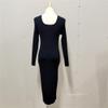 Women's Dress 2024 Fall Long Sleeve Square Neck Fitted Knit Ribbed Sweaters Midi Party Club Slit Bodycon Dresses (Medium,Black) view 3