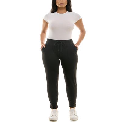 Zac & Rachel Women's Brushed DTY Jogger with Functional Pockets, Elastic + Tie Waist, and Rolled Ankle Cuff, Black, XL
