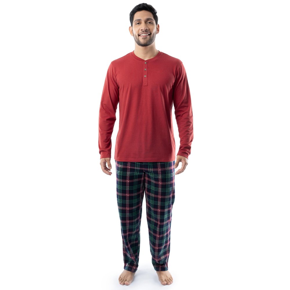 IZOD Men's Long Sleeve Jersey Top and Fleece Pants Sleep Pajama Set, Red/Plaid, XX-Large