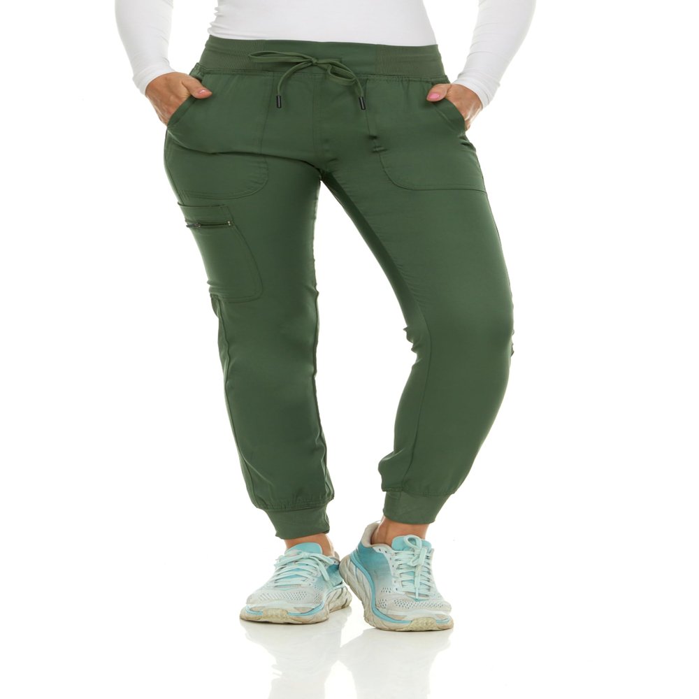 MediChic Womens Scrub Jogger Pants 6 Pockets, 4-Way Stretch, Ribbed Waist, Easy-Care Medical Workwear Olive