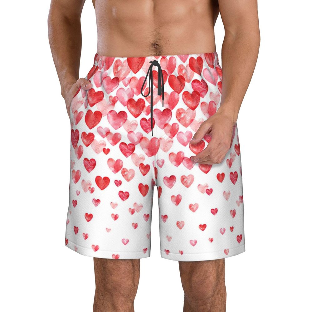 Falling Red Hearts Print Men Outdoor Polyester Shorts with Elastic Waist Drawstring Fit Fishing Hiking White