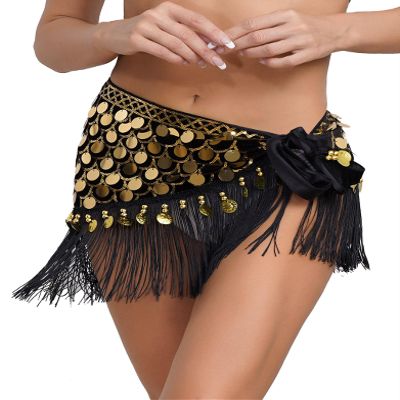 Linjinx Women's Triangle Sequin Belly Dance Hip Scarf Skirts Tassel Wrap Belt Festival Bottoms Gold One Size
