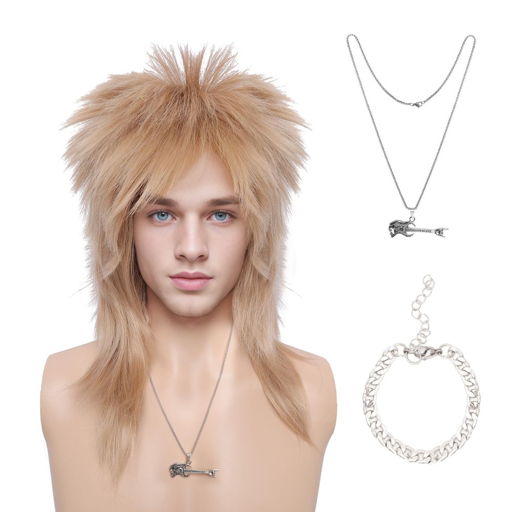 Gvhntk 70s 80s Mullet Wig Halloween Costumes Party Wig Long Blonde Glam Punk Rock Heavy Metal Rocker Cosplay Wigs Disco Rocking Unisex 1980s Fancy Party Accessory
