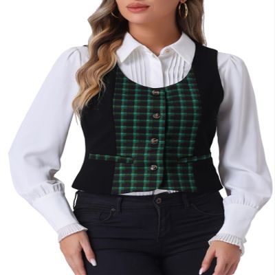 Allegra K Vintage Waistcoat Vest for Women's Plaid Button Down Work Dressy Vests Large Green
