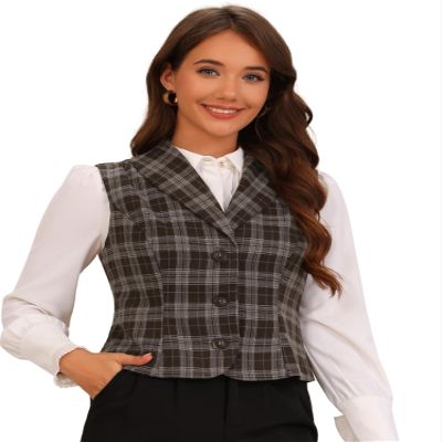 Allegra K Plaid Vest for Women's Shawl Collar Button Down V Neck Sleeveless Vintage Waistcoat Large Brown