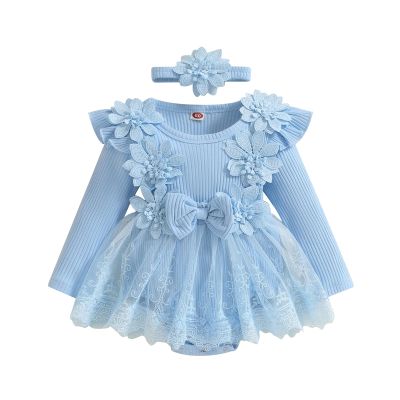 Covvoliy Baby Girl Tulle Birthday Party Princess Dress Long Sleeve Lace Flower Tutu Romper Dress Newborn Fall Clothes (Blue, 6-9 Months)