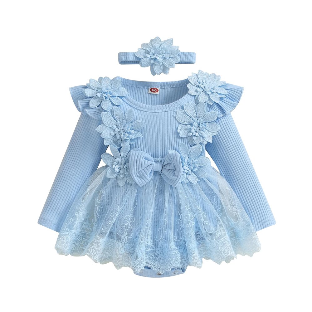 Covvoliy Baby Girl Tulle Birthday Party Princess Dress Long Sleeve Lace Flower Tutu Romper Dress Newborn Fall Clothes (Blue, 6-9 Months)