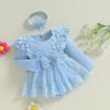 Covvoliy Baby Girl Tulle Birthday Party Princess Dress Long Sleeve Lace Flower Tutu Romper Dress Newborn Fall Clothes (Blue, 6-9 Months) view 3
