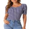 Allegra K Houndstooth Work Blouse for Women's Puff Short Sleeve Square Neck Casual Blouses Top Large Dark Blue view 1