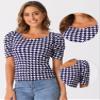 Allegra K Houndstooth Work Blouse for Women's Puff Short Sleeve Square Neck Casual Blouses Top Large Dark Blue view 2