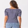 Allegra K Houndstooth Work Blouse for Women's Puff Short Sleeve Square Neck Casual Blouses Top Large Dark Blue view 3
