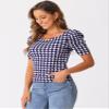 Allegra K Houndstooth Work Blouse for Women's Puff Short Sleeve Square Neck Casual Blouses Top Large Dark Blue view 4
