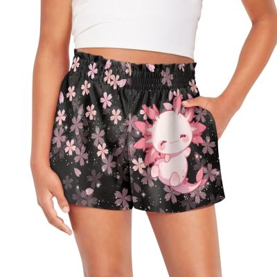 HELLHERO Cherry Blossoms Axolotl Shorts for Girls Size 3-4 Toddler Dance Shorts Kids Active Athletic Running Shorts Teen High Waisted Workout Shorts Hiking Cycling Swimming Shorts