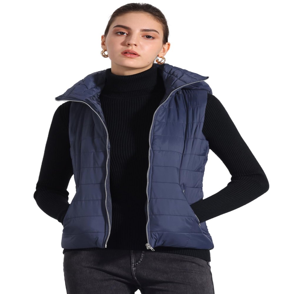 Allegra K Quilted Jacket for Women's Sleeveless Winter Hoodie Vest Small Navy Blue