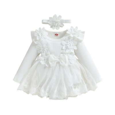 Covvoliy Baby Girl Tulle Birthday Party Princess Dress Long Sleeve Lace Flower Tutu Romper Dress Newborn Fall Clothes (White 3-6 Months)