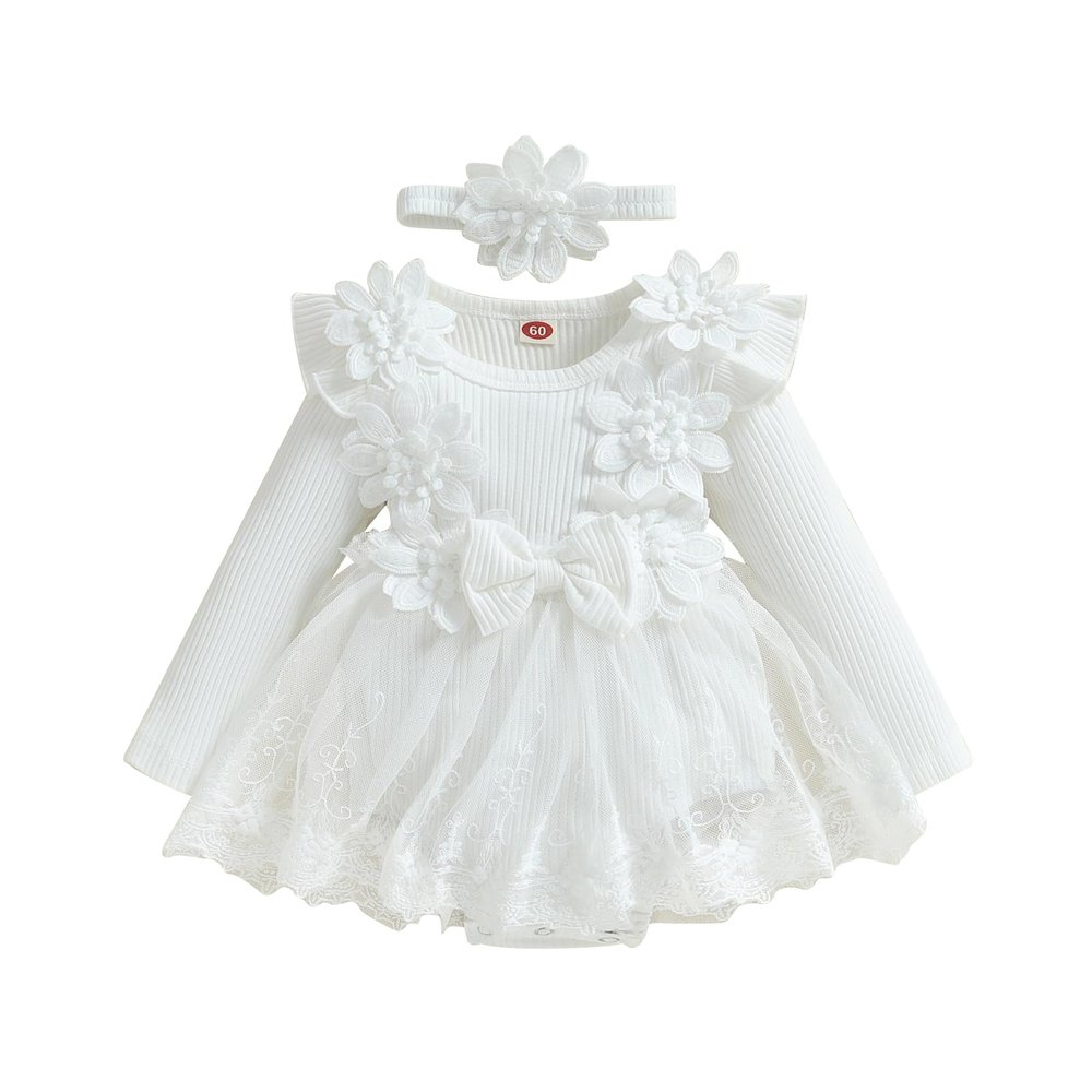 Covvoliy Baby Girl Tulle Birthday Party Princess Dress Long Sleeve Lace Flower Tutu Romper Dress Newborn Fall Clothes (White 3-6 Months)