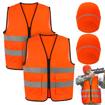 Apipi 4 Pcs Blaze Orange Hunting Vest and Beanie - High Visibility Vest for Men Women, Safety Hunting Vest with Reflective Strips for Outdoor Hunting Hiking Work, XL
