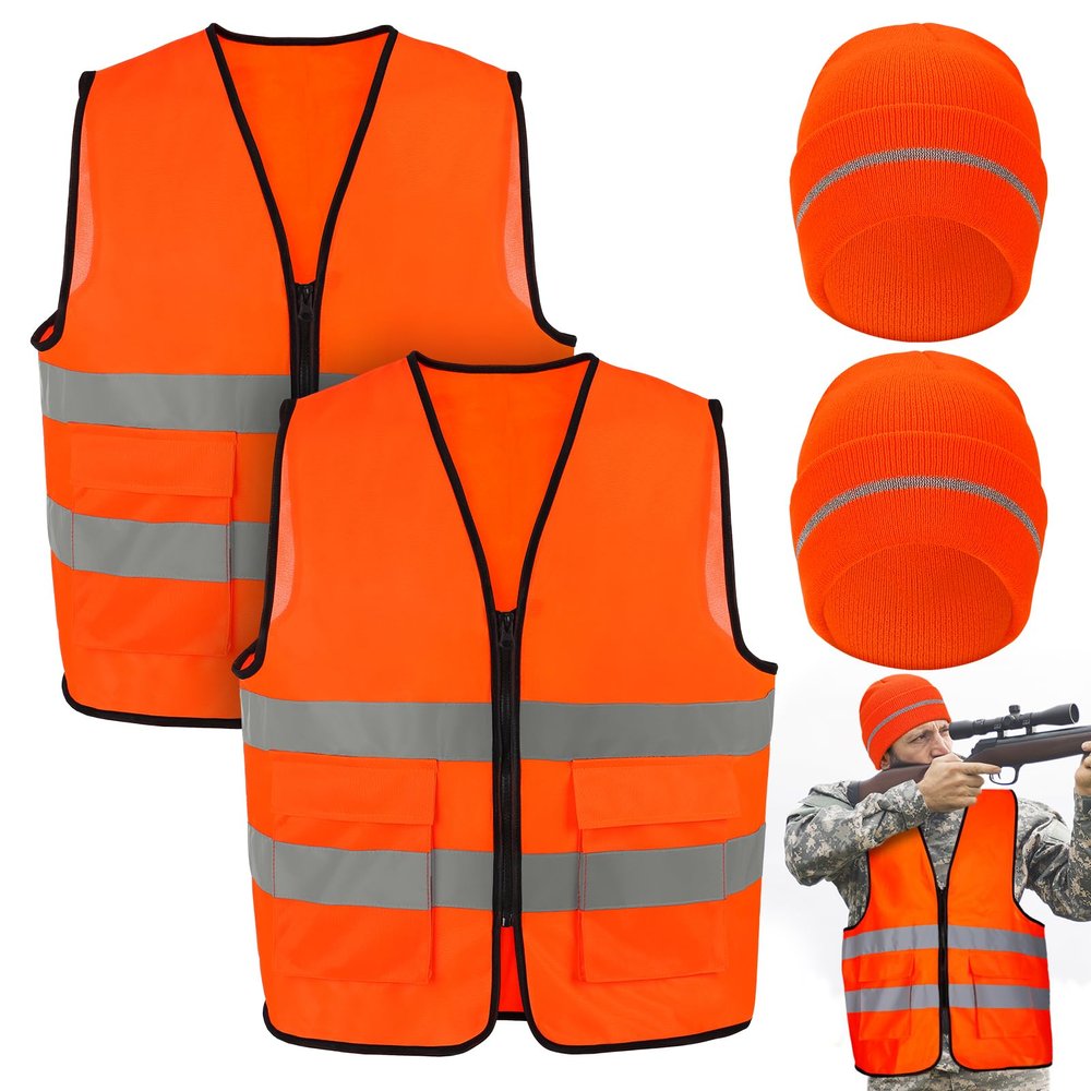 Apipi 4 Pcs Blaze Orange Hunting Vest and Beanie - High Visibility Vest for Men Women, Safety Hunting Vest with Reflective Strips for Outdoor Hunting Hiking Work, XL