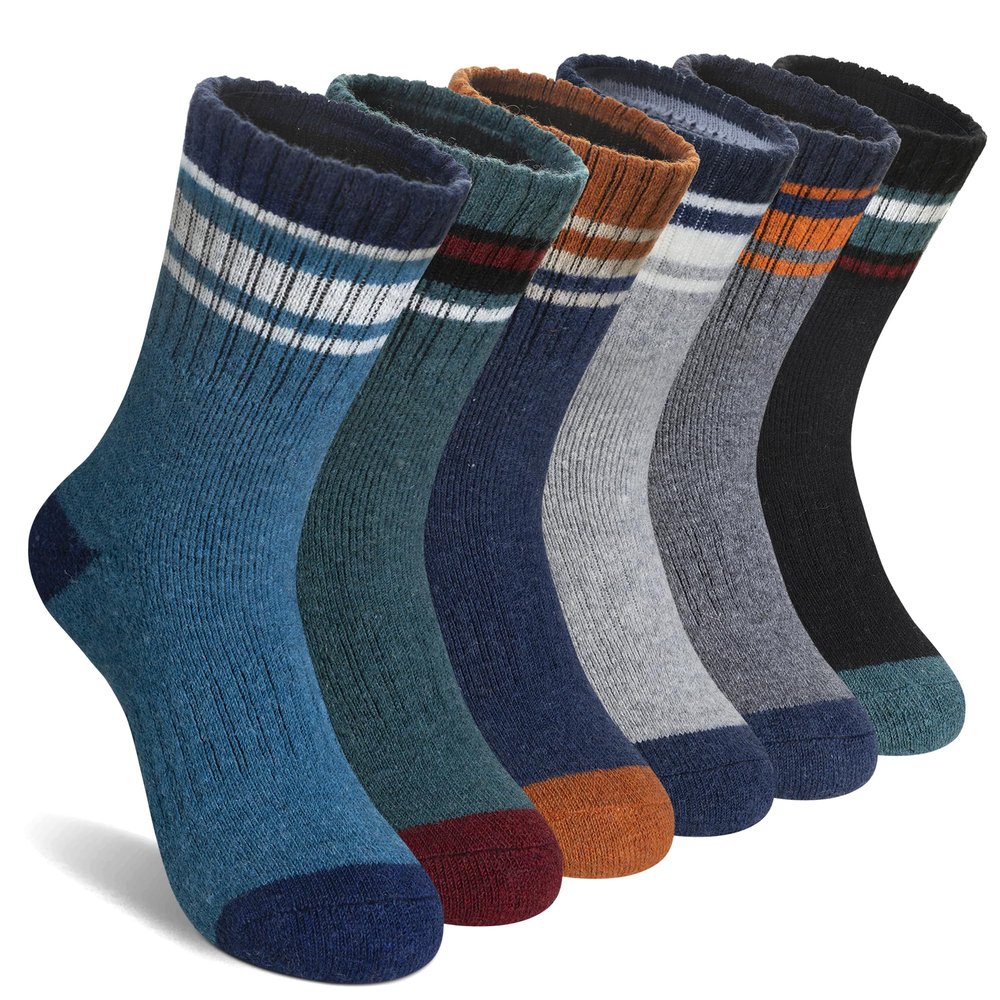 AMENLAN Kids Merino Wool Hiking Socks Boy Girls Winter Thick Boot Cushion Warm Thermal Crew Socks 6 Pairs (Gray Stripes,8-12 Years)