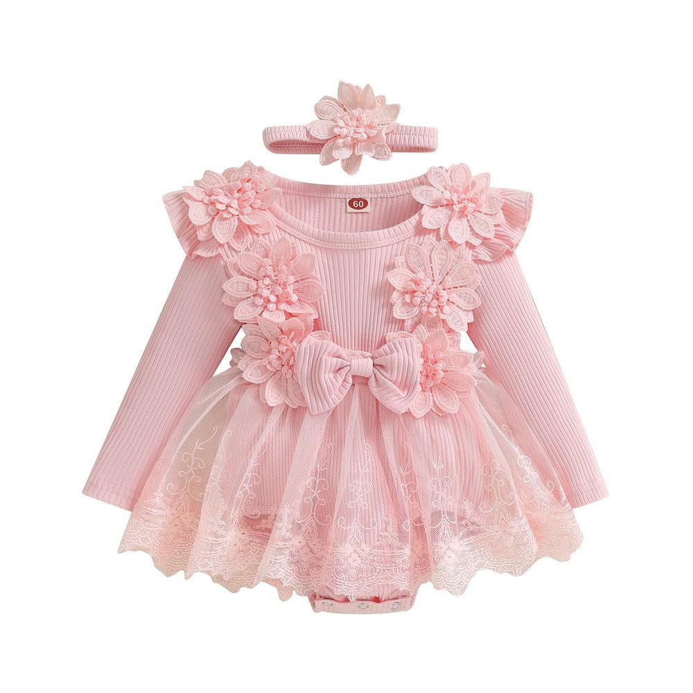 Covvoliy Baby Girl Tulle Birthday Party Princess Dress Long Sleeve Lace Flower Tutu Romper Dress Newborn Fall Clothes (Pink, 9-12 Months)