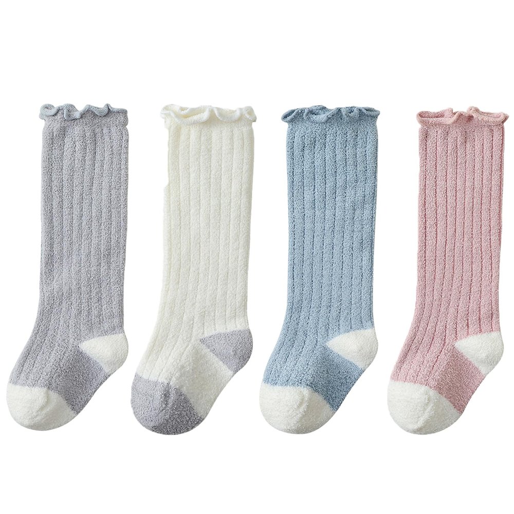 Apone Fatu Baby Wool Non-Slip Grip Socks, Winter Warm Knee-High Stockings for Girls Boys Newborn (US, Age, 6 Months, 12 Months, 4Pairs Stockings)