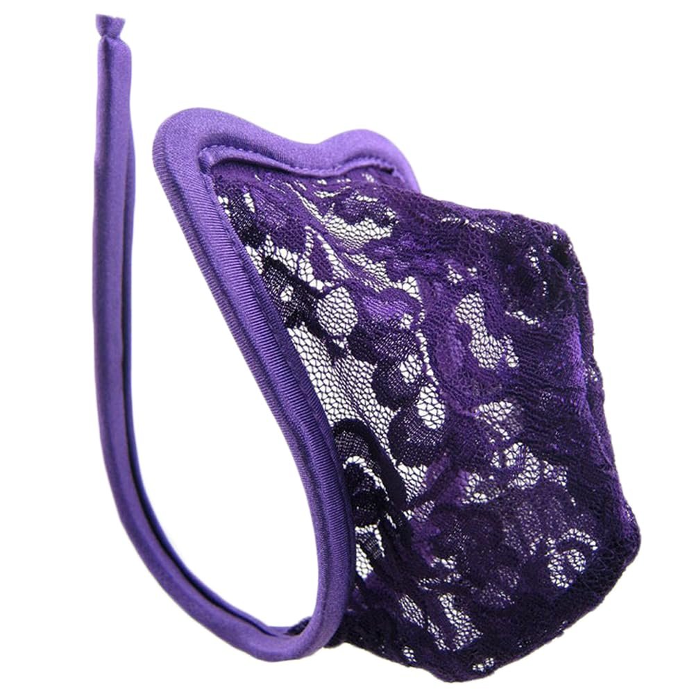 DPROMOT Mens Lace C String G Lingerie Sexy Underwears T Back Half Thongs Ultra-thin Bikini Thong Bulge Pouch U Convex G-strings (US, Alpha, One Size, Regular, Regular, Purple)