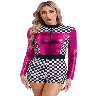 Hedmy Women's Speed Car Driver Bodysuit Costume Sexy Racer Costume Checkerboard Printed Jumpsuit Hot Pink Large