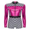 Hedmy Women's Speed Car Driver Bodysuit Costume Sexy Racer Costume Checkerboard Printed Jumpsuit Hot Pink Large view 3