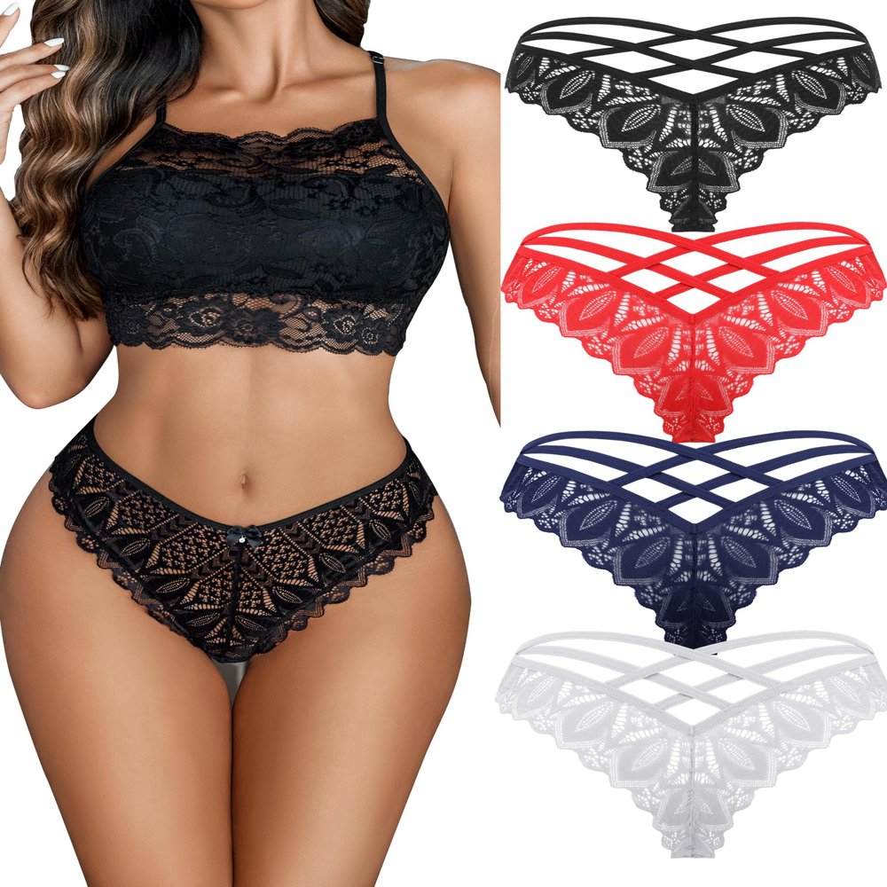 Avidlove Womens Underwear Lace Cheeky Panties Criss Cross Back Bikini Thongs Sexy Undies Black/White/Red/Dark Blue XXL