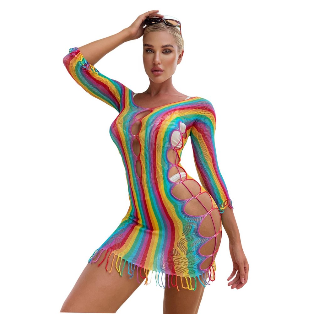 Women's Rainbow Mesh See Through Bikini Cover Ups Sexy Tassel Hollow Out Long Sleeve Mini Dress Festival Outfit
