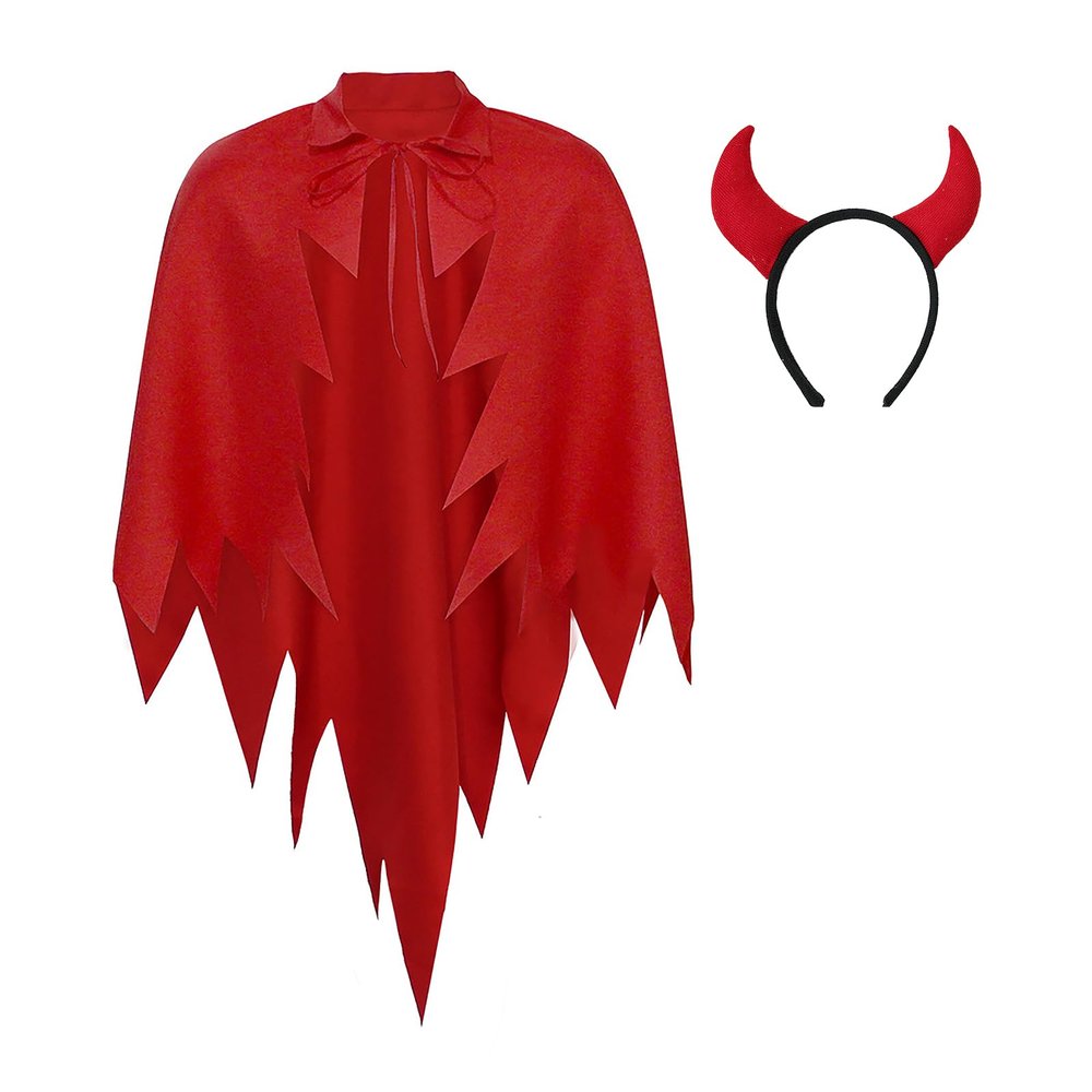 Beisto 2PCS Halloween Cosplay Costume Adult Knight Serrated Irregular Shape Red Cape & Cow Horn Headpiece Accessories Props