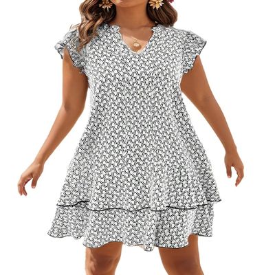 Women Floral Print Tie V Neck Mini Dress Flutter Sleeve Smock Ruffle Hem Casual Loose Flowy Boho Sun Dresses