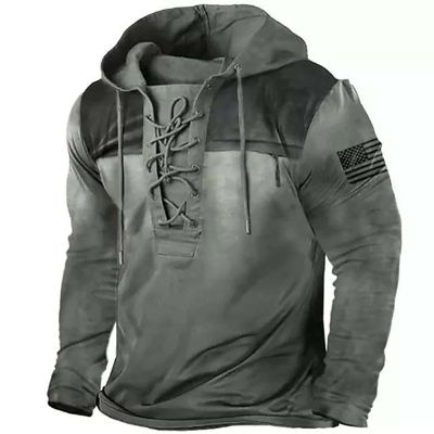 xoxingysm Men Retro Sweatshirt Hooded Plaid Graphic Tactical Henley Collar Drawstring Pullover Tops Outdoor Hiking Camping Casual Sport Shirts Western Cowboy Street Vintage Hoodies