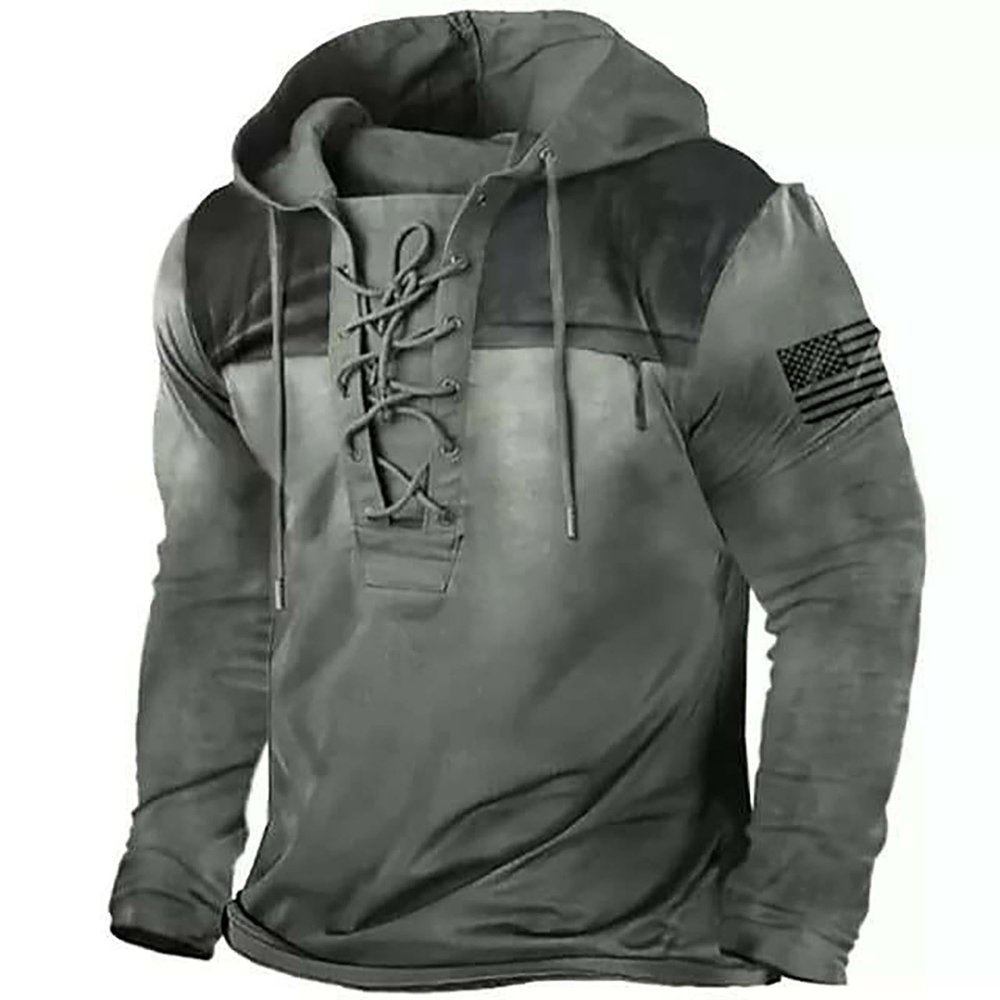 xoxingysm Men Retro Sweatshirt Hooded Plaid Graphic Tactical Henley Collar Drawstring Pullover Tops Outdoor Hiking Camping Casual Sport Shirts Western Cowboy Street Vintage Hoodies