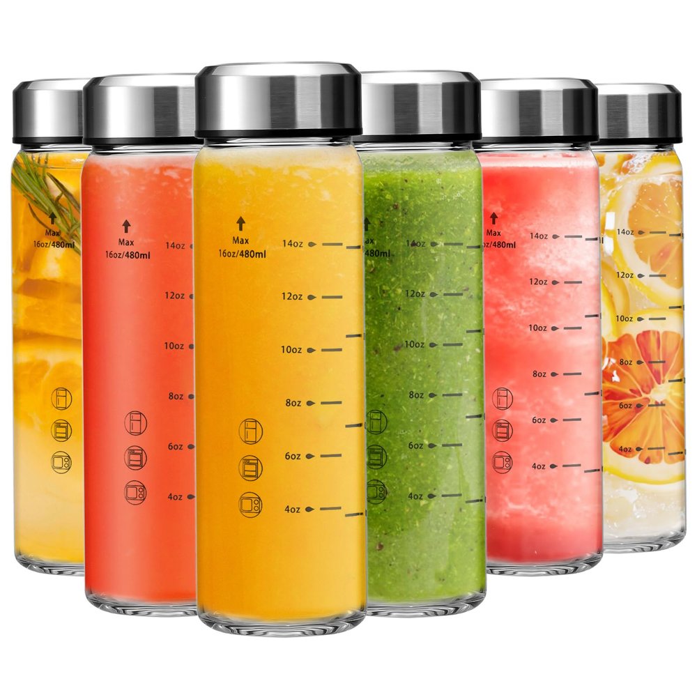 Olivego 16oz Glass Juice Bottles - 6 Pack Wide Mouth Glass Bottles with Lids- BPA Free, Stainless Steel Lids for Juicing, Smoothies, Infused Water, Beverage Storage - Leakproof, Borosilicate, Clear