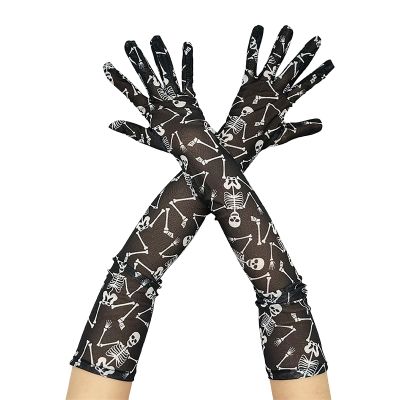 Women Stretchy Elbow Length Full Finger Sheer Gloves Skeleton Long Gloves Halloween Party Cosplay Costume Accessories (Black, One Size)
