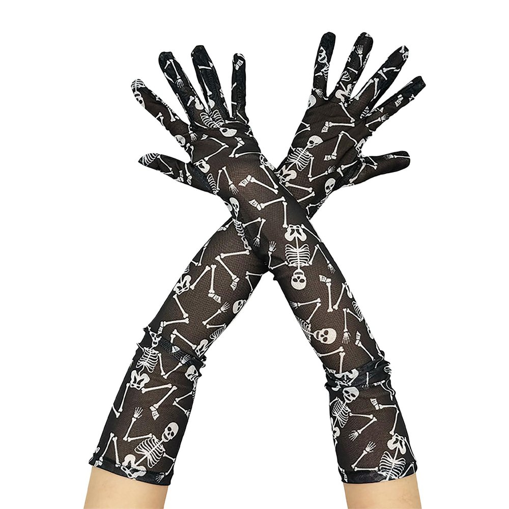 Women Stretchy Elbow Length Full Finger Sheer Gloves Skeleton Long Gloves Halloween Party Cosplay Costume Accessories (Black, One Size)
